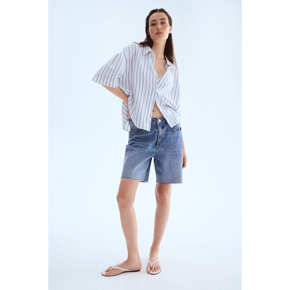 H&M Linen Blend Shirt top size medium blue white stripe NWT - Picture 2 of 12